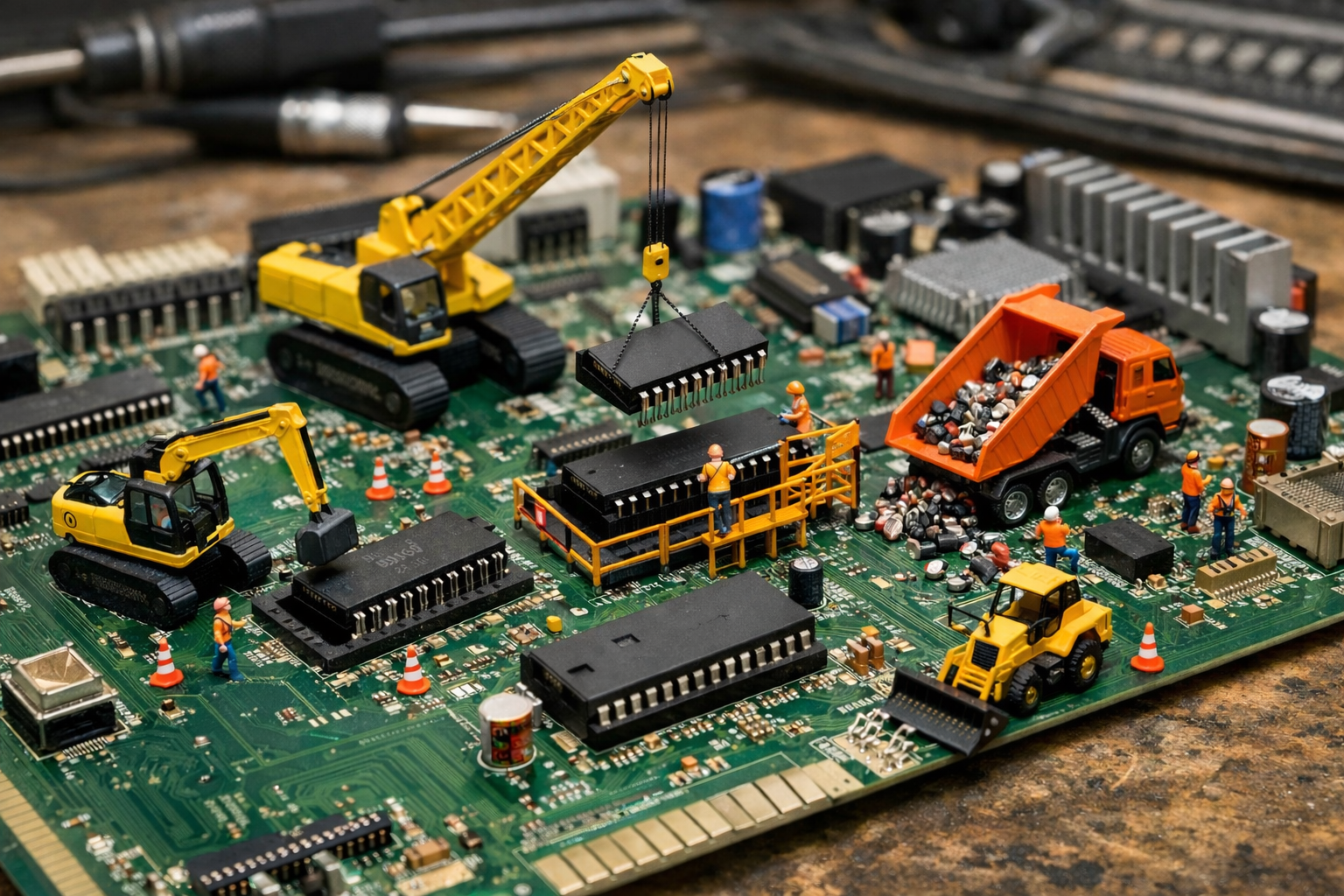 Vintage electronics repair workbench with diagnostic equipment